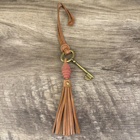 Fossil Brown Leather Tassel Keychain With Brass Decorative Key - Picture 1 of 5